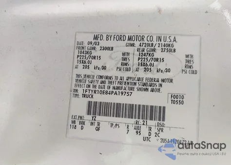 2004 Ford Ranger Unique Fleet from USA, damaged, VIN 1FTYR10E84PA19757